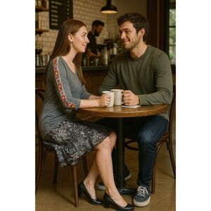 Style & Co L Gray Floral Embroidered Sleeve Knit Top Boho Western Casual Cowgirl